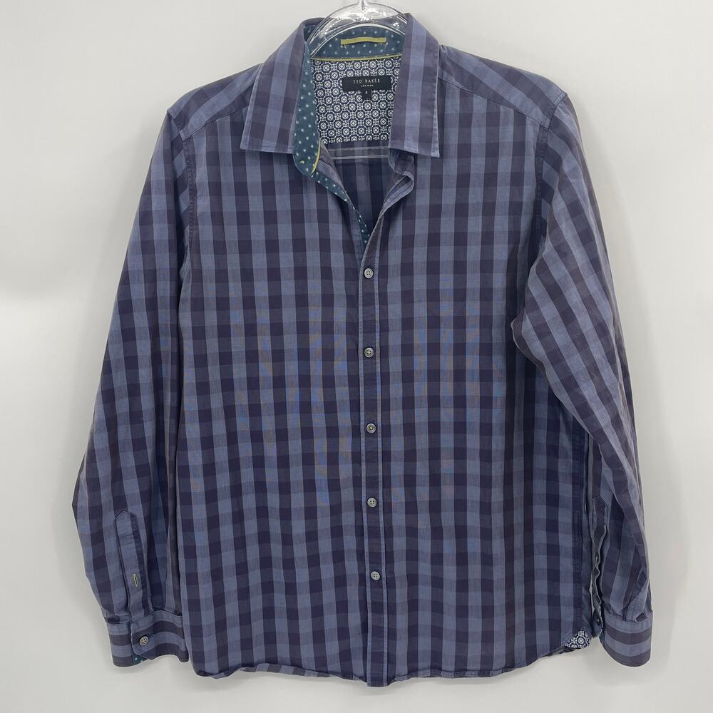 TED BAKER London Shirt Mens Size M Neck 16 Button Up Plaid Flip Cuff Long Sleeve